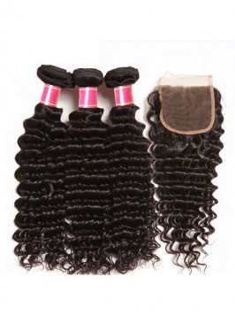 Deep Wave Virgin Hair Weave 3 Bundles With Lace Cl...