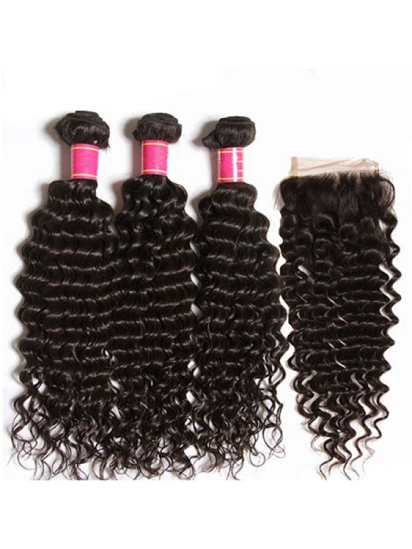 Deep Wave Virgin Hair Weave 3 Bundles With Lace Closure Soft Unprocessed Virgin Human Hair