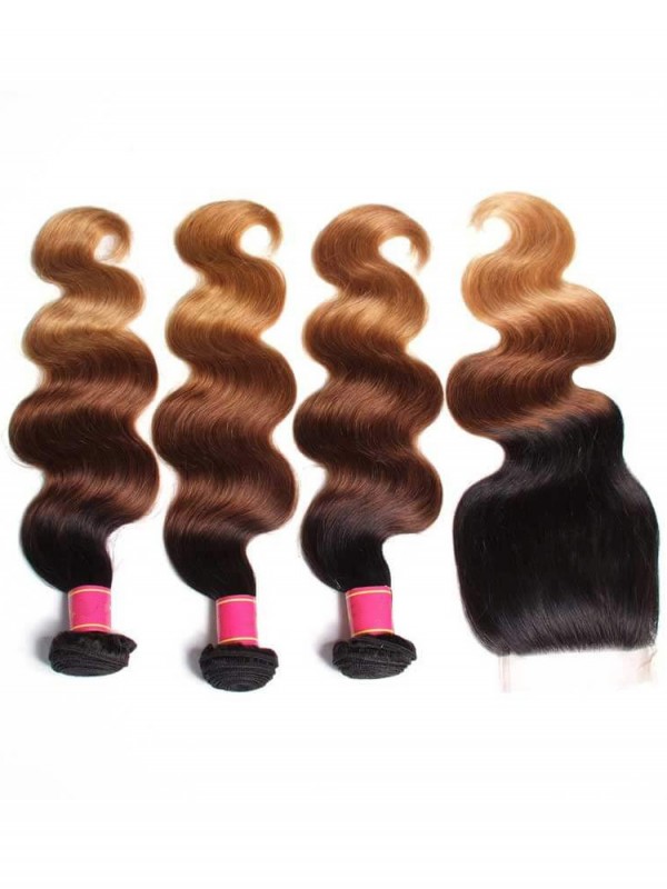 Hair T1B/4/27 Ombre 3 Bundles Body Wave With Closure 100% Virgin Human Hair