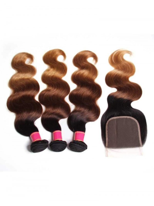 Hair T1B/4/27 Ombre 3 Bundles Body Wave With Closure 100% Virgin Human Hair