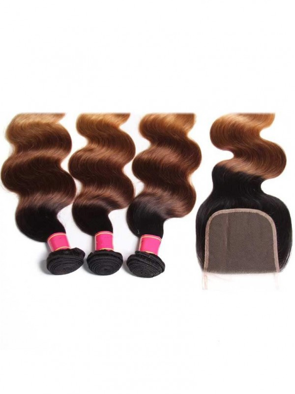 Hair T1B/4/27 Ombre 3 Bundles Body Wave With Closure 100% Virgin Human Hair