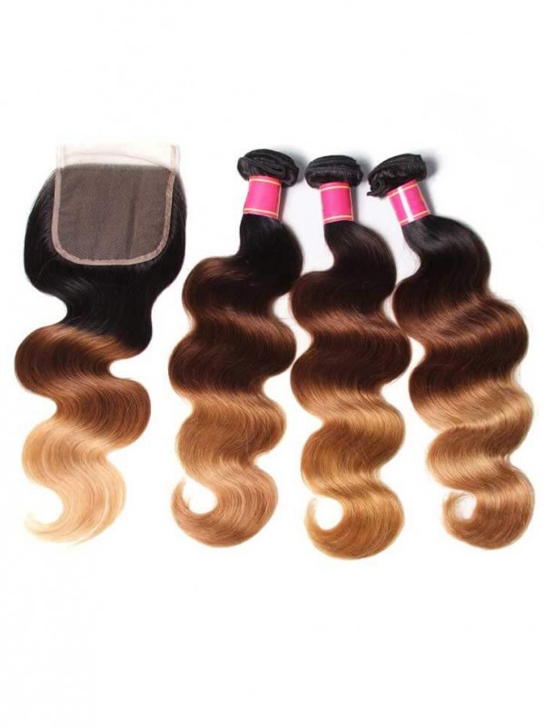 Hair T1B/4/27 Ombre 3 Bundles Body Wave With Closure 100% Virgin Human Hair