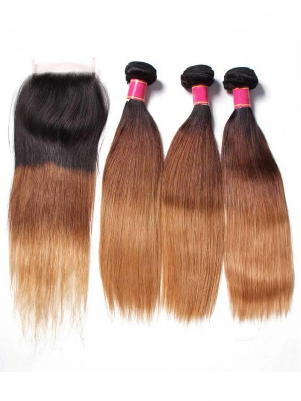 Human Virgin Hair Three Tone Ombre Straight Wave Hair 3 Bundles With Closure