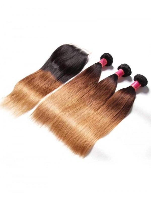 Human Virgin Hair Three Tone Ombre Straight Wave Hair 3 Bundles With Closure