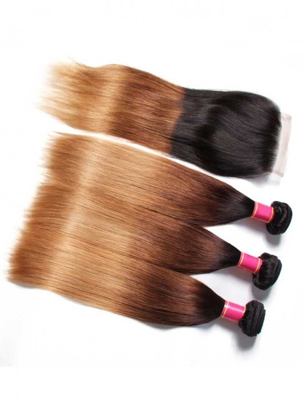 Human Virgin Hair Three Tone Ombre Straight Wave Hair 3 Bundles With Closure