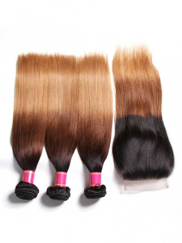 Human Virgin Hair Three Tone Ombre Straight Wave Hair 3 Bundles With Closure