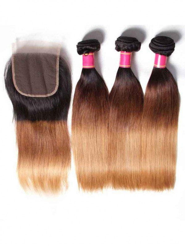 Human Virgin Hair Three Tone Ombre Straight Wave Hair 3 Bundles With Closure