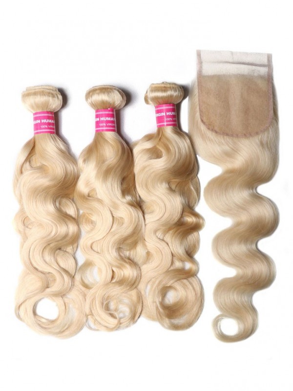 Best Virgin Human Hair 3PCS 613 Blonde Virgin Human Hair Bundles With Lace Closure Body Wave Hair