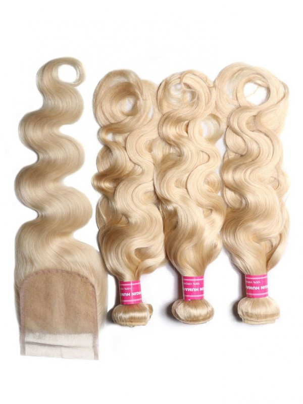 Best Virgin Human Hair 3PCS 613 Blonde Virgin Human Hair Bundles With Lace Closure Body Wave Hair