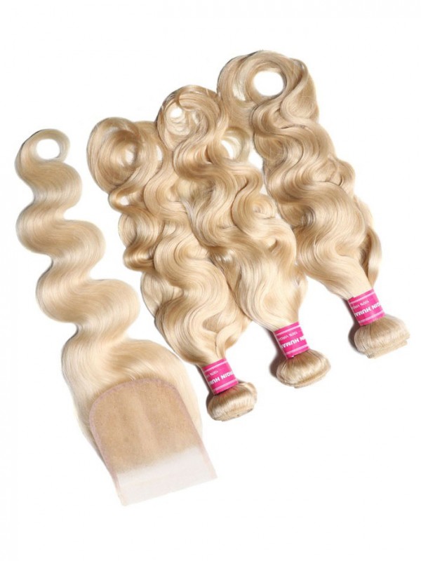 Best Virgin Human Hair 3PCS 613 Blonde Virgin Human Hair Bundles With Lace Closure Body Wave Hair
