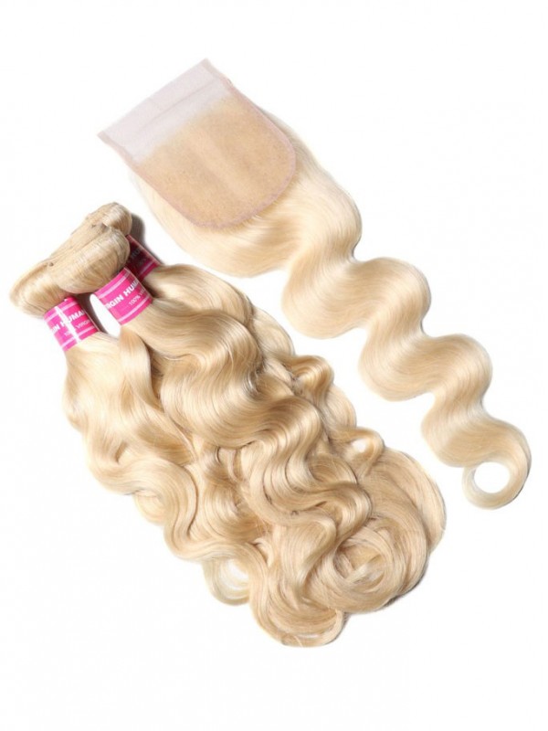 Best Virgin Human Hair 3PCS 613 Blonde Virgin Human Hair Bundles With Lace Closure Body Wave Hair
