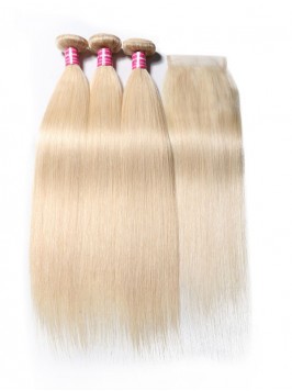 3PCS 613 Blonde Hair Bundles With Closure 16-24 In...