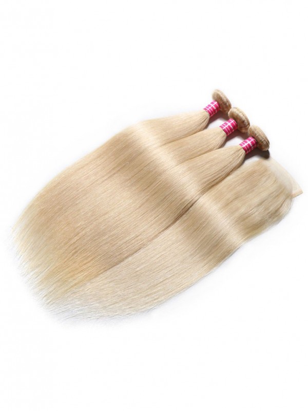 3PCS 613 Blonde Hair Bundles With Closure 16-24 Inch Straight Virgin Human Hair