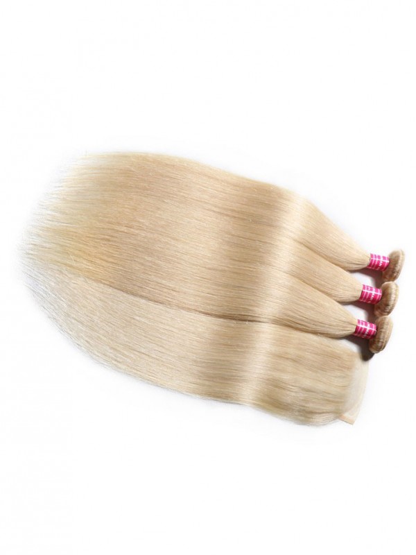 3PCS 613 Blonde Hair Bundles With Closure 16-24 Inch Straight Virgin Human Hair