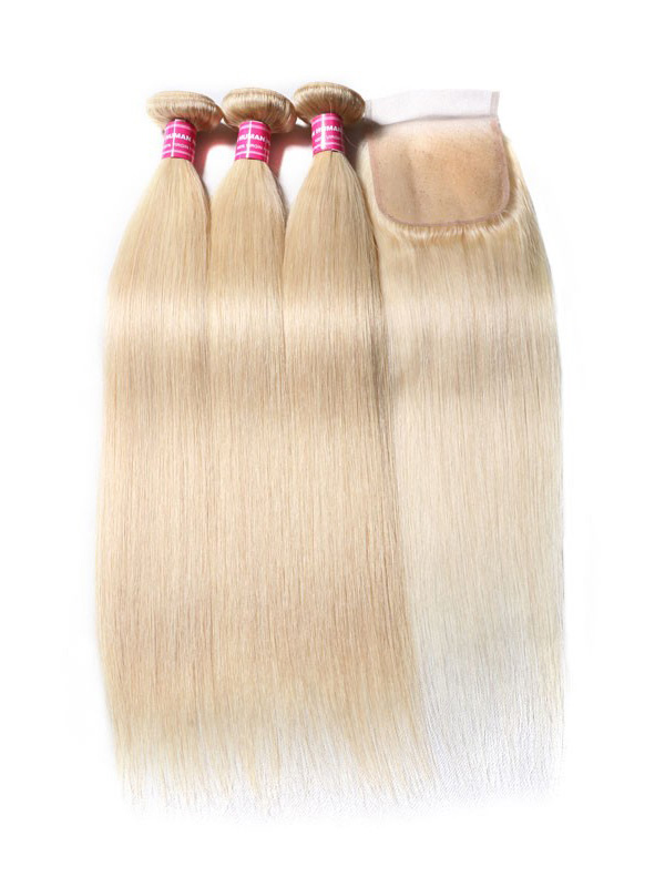 3PCS 613 Blonde Hair Bundles With Closure 16-24 Inch Straight Virgin Human Hair