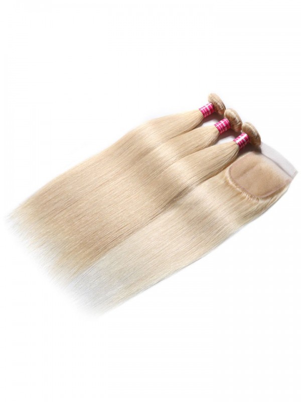 3PCS 613 Blonde Hair Bundles With Closure 16-24 Inch Straight Virgin Human Hair