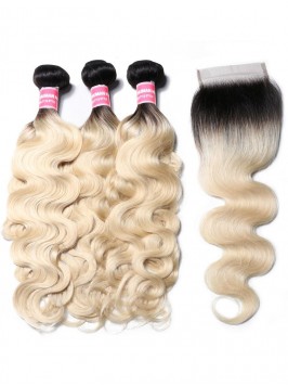 1B/613 Body Wave Ombre Hair 3 Bundles With 4x4 Lac...