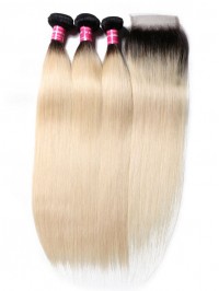 Straight Virgin Hair 2 Tone Color Ombre 3 Bundles With Lace Closure Soft Unprocessed Virgin Human Hair