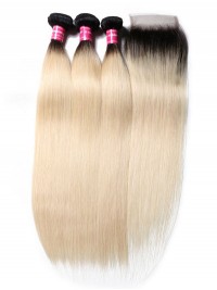 Straight Virgin Hair 2 Tone Color Ombre 3 Bundles With Lace Closure Soft Unprocessed Virgin Human Hair