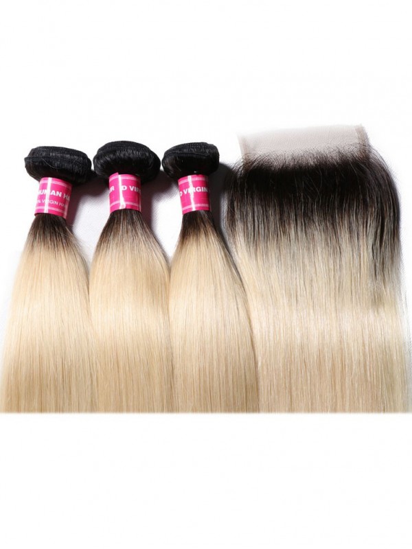 Straight Virgin Hair 2 Tone Color Ombre 3 Bundles With Lace Closure Soft Unprocessed Virgin Human Hair