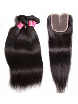 4 Bundles Virgin Straight Human Hair Weave With La...