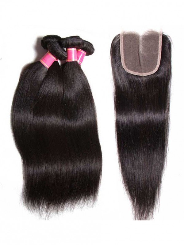 4 Bundles Virgin Straight Human Hair Weave With Lace Frontal Closure