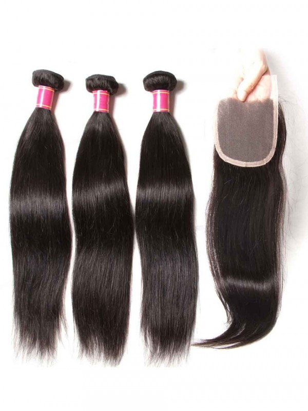 4 Bundles Virgin Straight Human Hair Weave With Lace Frontal Closure