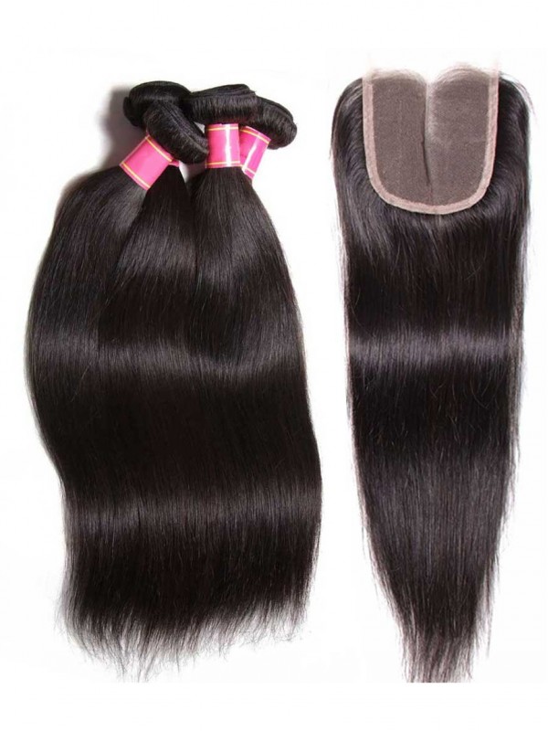 4 Bundles Virgin Straight Human Hair Weave With Lace Frontal Closure