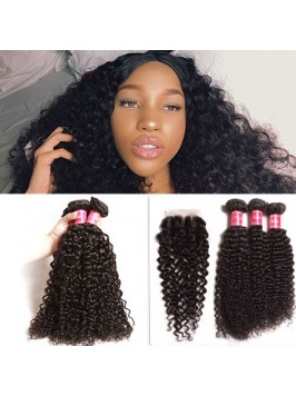 4pcs Hair Weave Curly Hair Bundles With Lace Closu...