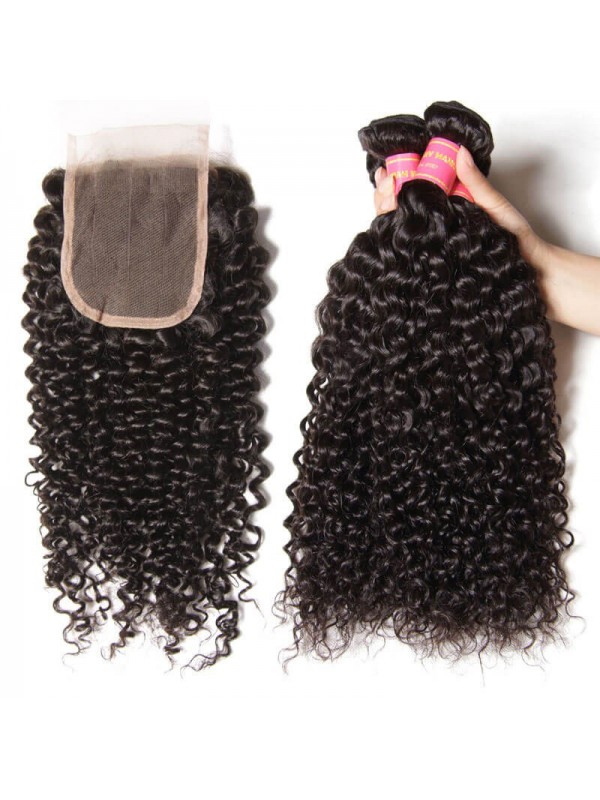 4pcs Hair Weave Curly Hair Bundles With Lace Closure Unprocessed Human Hair