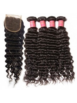 Deep Wave Virgin Hair Weave 4 Bundles With Closure...