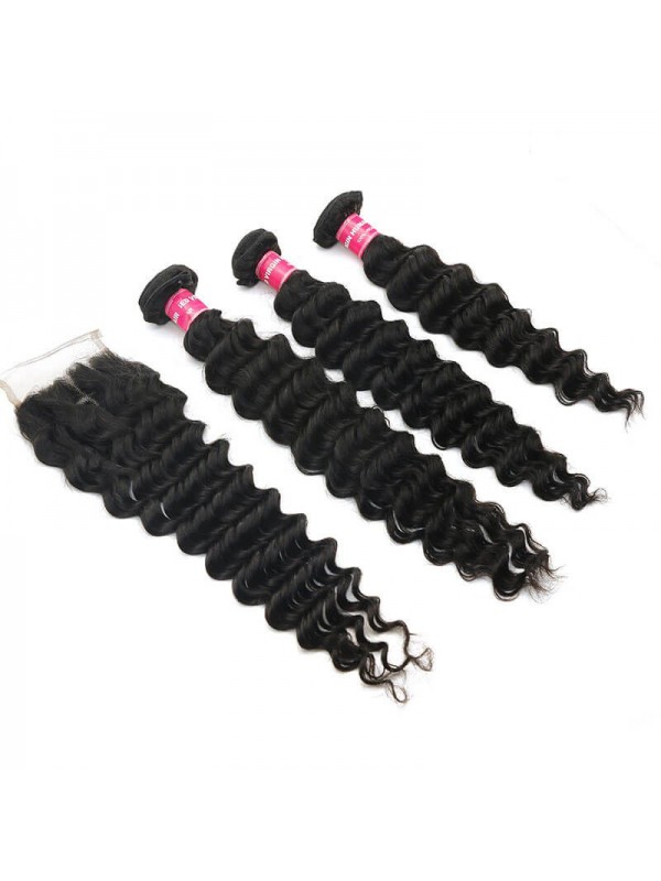 Deep Wave Virgin Hair Weave 4 Bundles With Closure 12in-26in Virgin Hair With 10in-20in Lace Closure