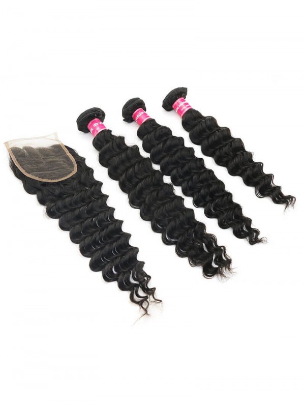 Deep Wave Virgin Hair Weave 4 Bundles With Closure 12in-26in Virgin Hair With 10in-20in Lace Closure