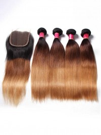 Hair 4 Bundles Hair With ClosureThree Tone Ombre Straight Human Virgin Hair Weaving