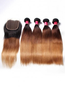 Hair 4 Bundles Hair With ClosureThree Tone Ombre S...