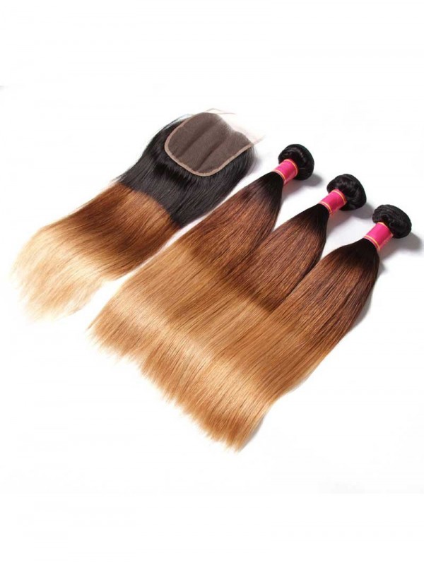 Hair 4 Bundles Hair With ClosureThree Tone Ombre Straight Human Virgin Hair Weaving