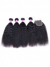 Virgin Kinky Straight Unprocessed Hair Weave 4 Bundles With 1 Lace Closure Human Hair Extensions