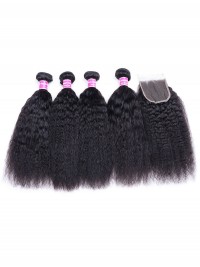 Virgin Kinky Straight Unprocessed Hair Weave 4 Bundles With 1 Lace Closure Human Hair Extensions