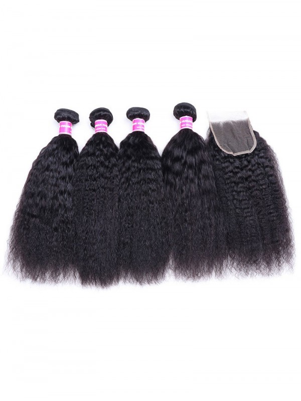 Virgin Kinky Straight Unprocessed Hair Weave 4 Bundles With 1 Lace Closure Human Hair Extensions