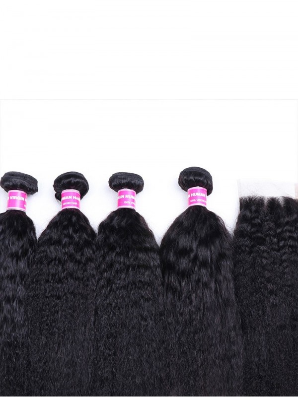 Virgin Kinky Straight Unprocessed Hair Weave 4 Bundles With 1 Lace Closure Human Hair Extensions