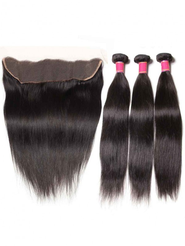 Straight Virgin Hair Weave 3 Bundles With Lace Frontal Closure 13x4 Ear To Ear