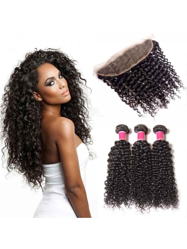 Kinky Curly Virgin Hair Weave 3 Bundles With Lace Frontal Closure 13x4 Best Virgin Human Hair