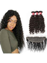 Deep Wave Virgin Hair 3 Bundles With Lace Frontal 13x4 Hair Closure Soft Human Hair