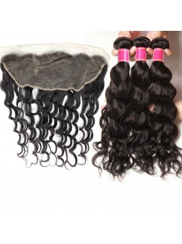 Natural Wave Lace Frontal And 3 Bundles Hair Weave...