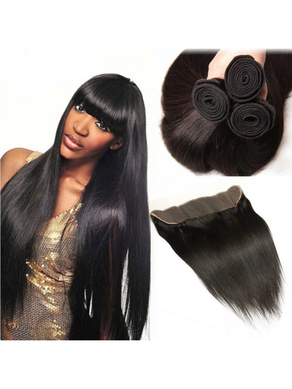 Best Virgin Brazilian Straight Hair 3 Bundles With Lace Front Closure