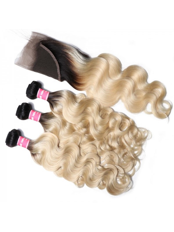 Human Hair Weave Body Wave Virgin Hair 1b/613 3 Bundles With Lace Frontal Closure 13x4