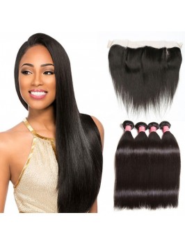4 Bundles Straight Virgin Hair Weave With Lace Fro...