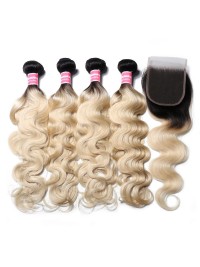 Body Wave Virgin Hair T1B/613 4 Bundles With Lace Frontal Closure