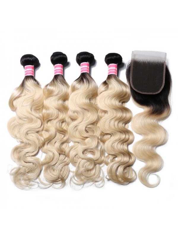 Body Wave Virgin Hair T1B/613 4 Bundles With Lace Frontal Closure