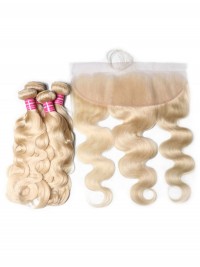 Human Hair Body Weave Color 613 Blonde Hair 100% Remy Human Hair Weaving 4Bundles With Frontal